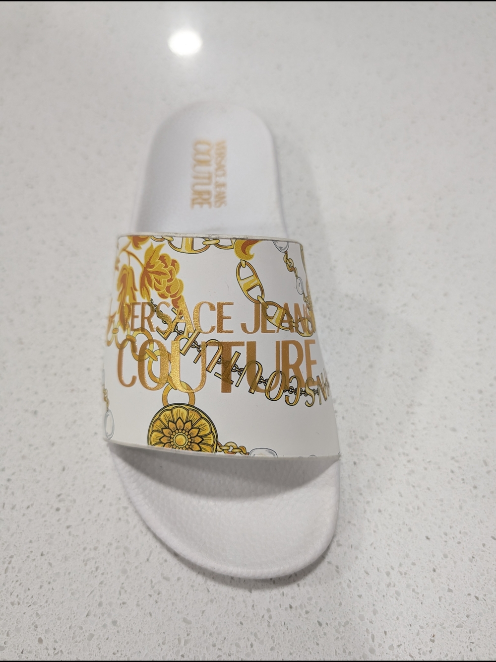 Versace Jeans Couture Collection White & Gold Logo Slide Sandals - Picture 3 of 4